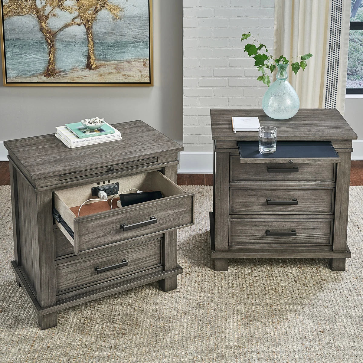 Two wooden nightstands with one open drawer in a room setting.