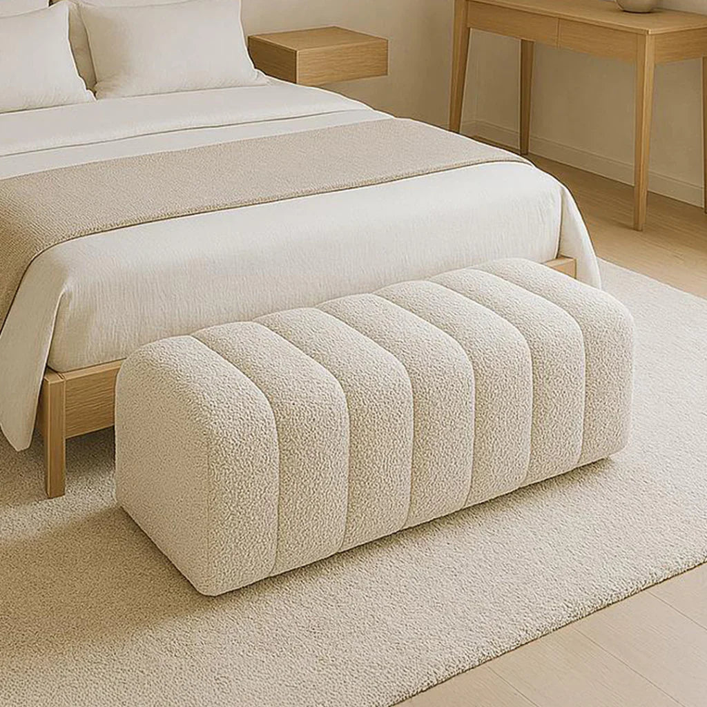 Bouclé upholstered custom ottoman with clean lines White