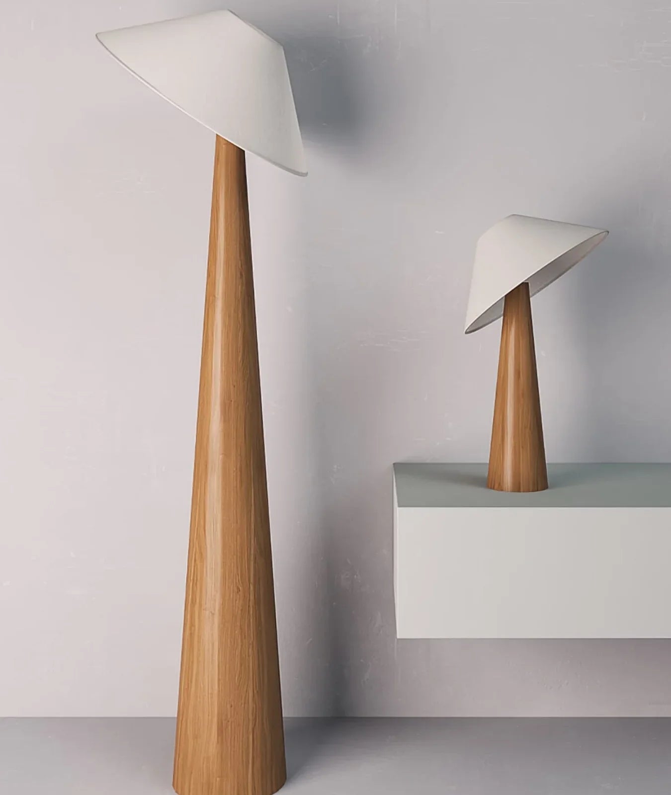 Nureyaa Tipped Hat Wooden Floor Lamp, 139cm tall, fabric shade, handmade modern decor Light Brown