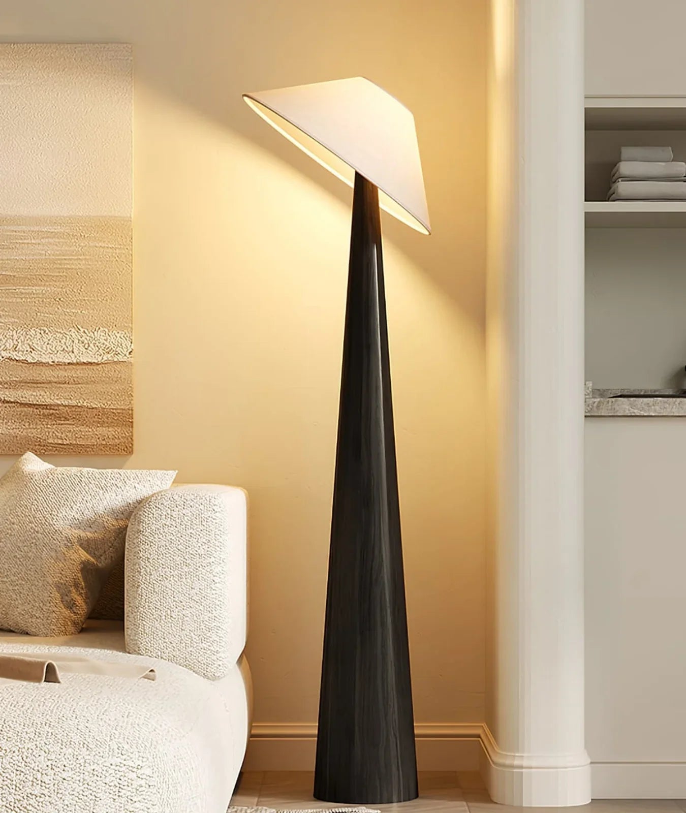 Nureyaa Tipped Hat Wooden Floor Lamp, 139cm tall, fabric shade, handmade modern decor Black