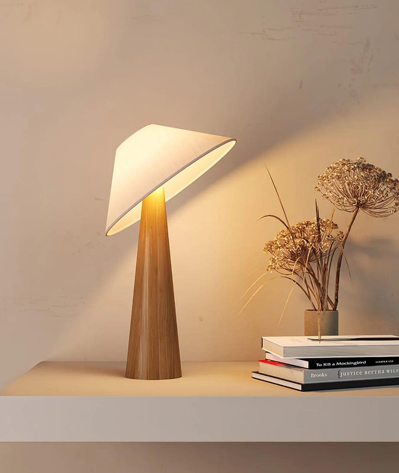 Nureyaa Tipped Hat Wooden Floor Lamp, 139cm tall, fabric shade, handmade modern decor Light Brown