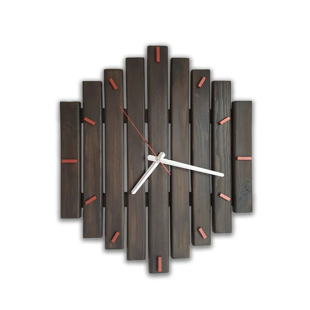 Rustic Hour Wall Clock – Dark wooden wall clock with red hour markers and white hands, modern rustic design