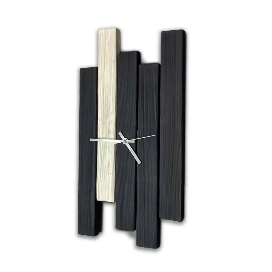 Heritage Hour Wall Clock – Rustic wooden wall clock with vertical black and natural wood panels and silver hands, modern minimalist decor.