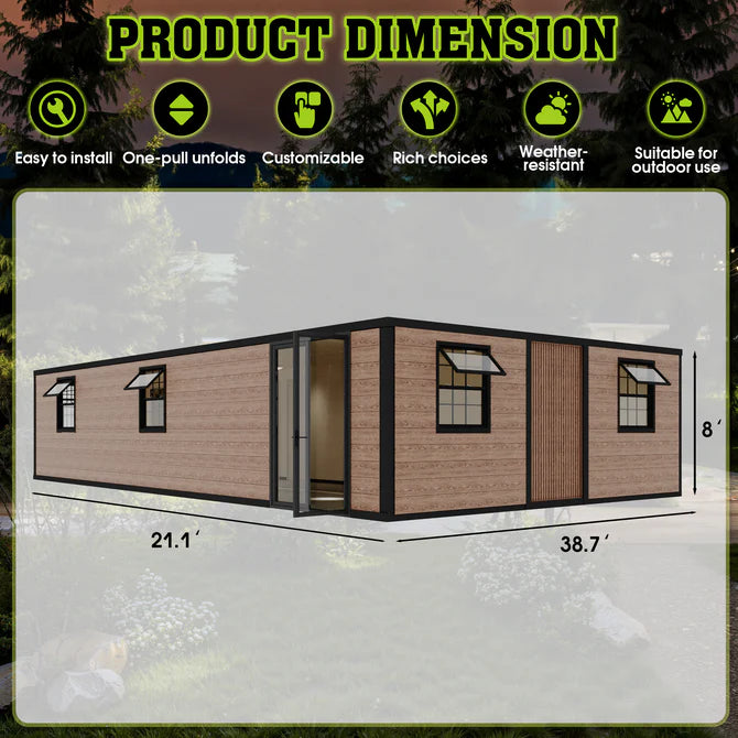 Product dimension diagram of a portable folding cabin with wood-look siding, black trim, and multiple windows, shown with measurements 21.1', 38.