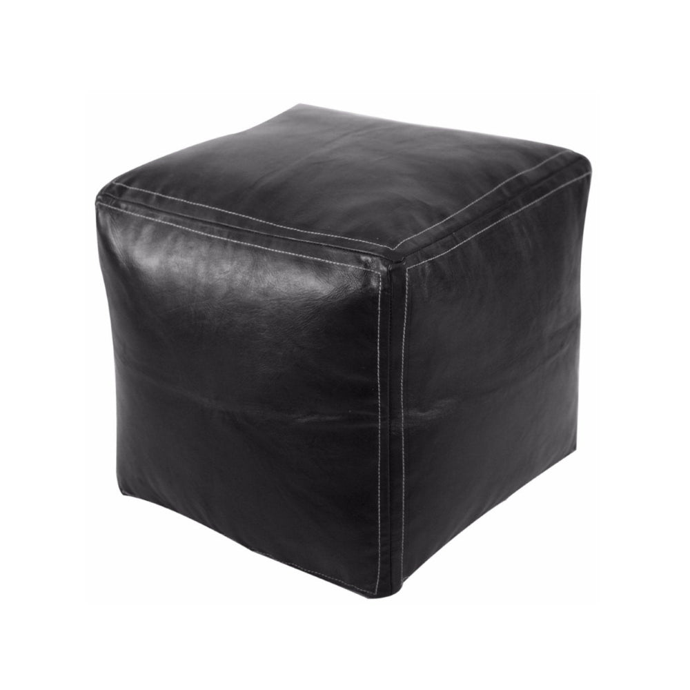 Black cube-shaped ottoman on a white background