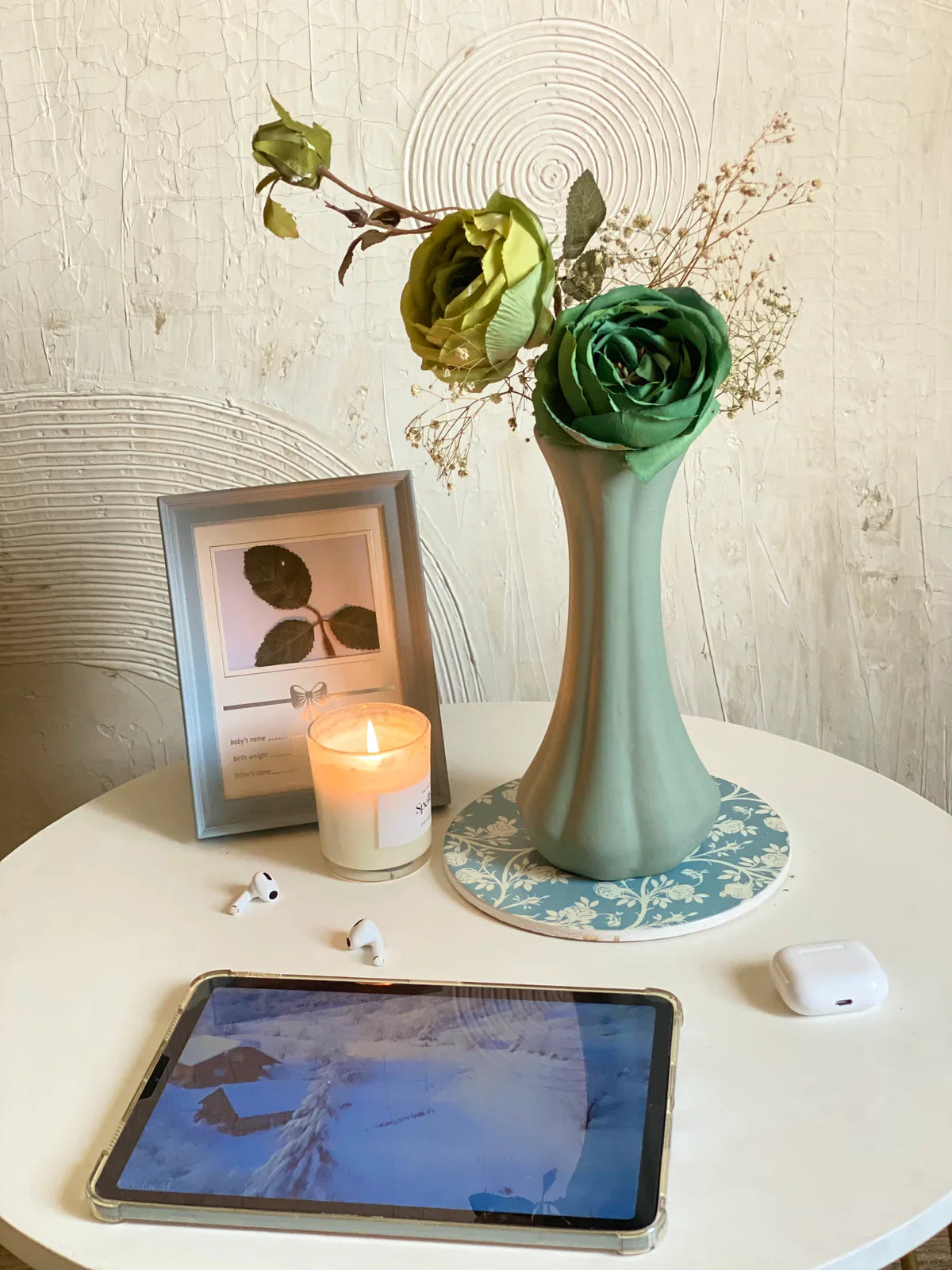 Daisy Pastel Mint Ceramic Vase, 10" Whimsical Handmade