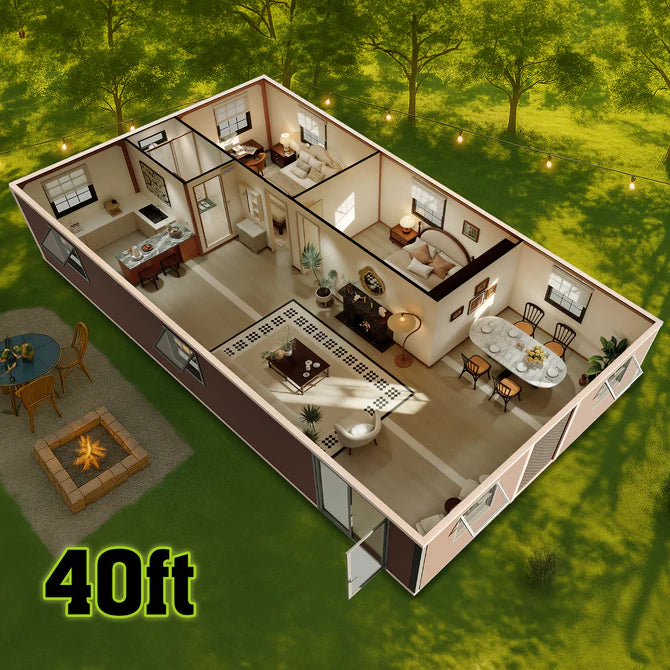 A 3D isometric rendering of a modern 40-foot tiny home shown open-plan with furniture and room details, set on a green lawn with trees and a fire pit. The text '40ft' is displayed in the bottom-left corner.