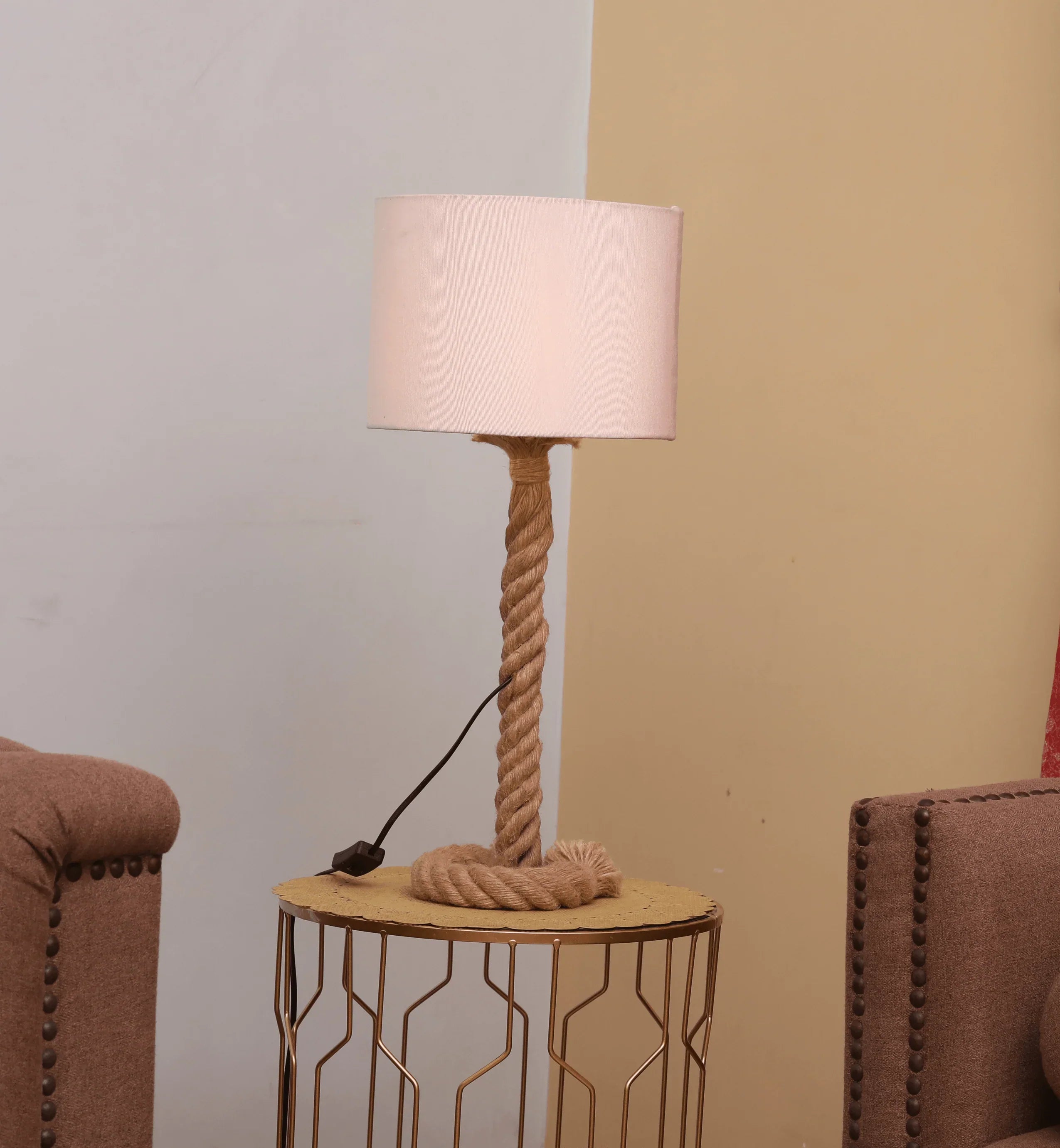 “Rope Table Lamp with natural rope base, cotton shade, and Edison bulb – nautical rustic lighting handcrafted by Freyaarts.