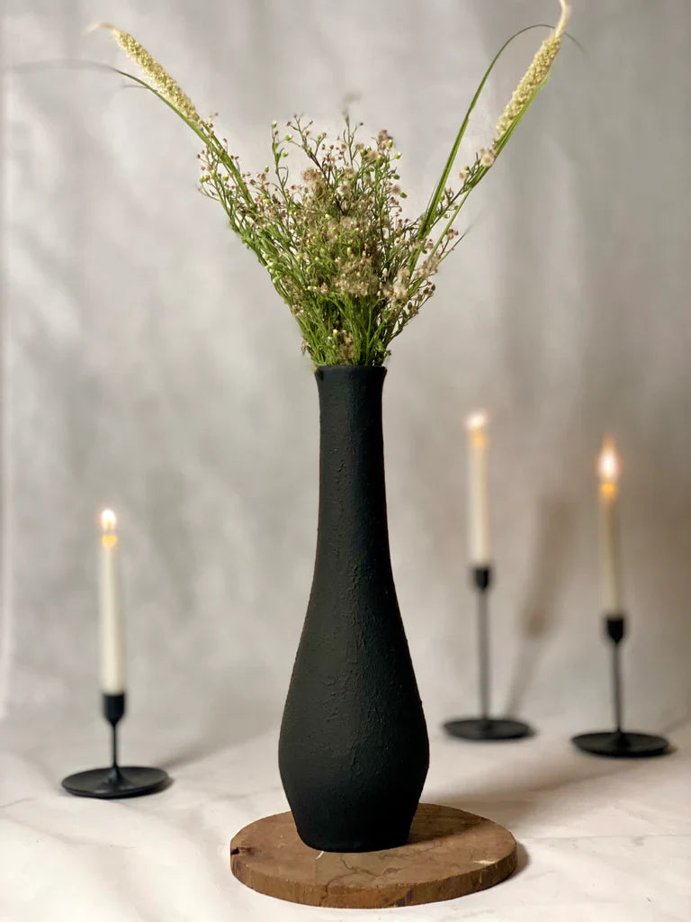 Nureyaa Big Black Textured Ceramic Vase, 15.5" tall, 4.8" wide, handmade decor