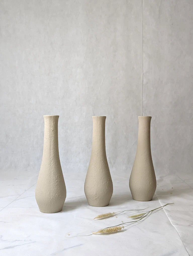 Nureyaa Big Beige Textured Ceramic Vase, 15.5" tall, 4.8" wide, handmade decor