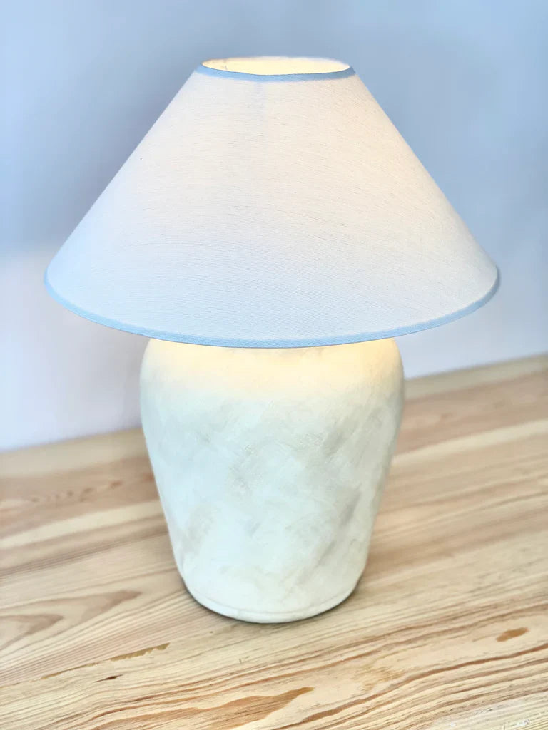 “Cashew Lite lamp with handcrafted terracotta base in beige and white lime wash finish, paired with wide neutral shade – 21.6-inch ceramic lighting.”