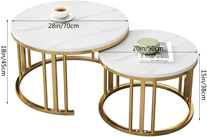Set of two round marble coffee tables with gold metal frames in a living room Gold White