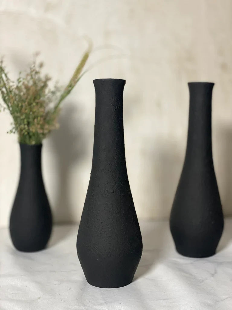 Nureyaa Big Black Textured Ceramic Vase, 15.5" tall, 4.8" wide, handmade decor