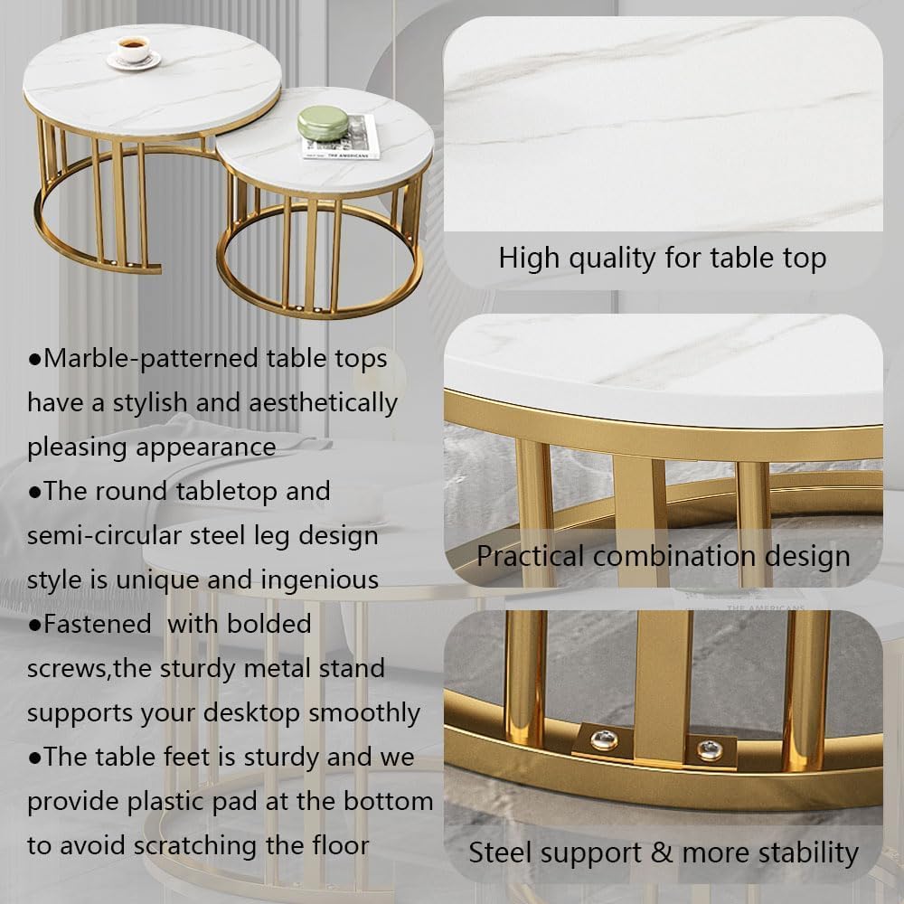 Set of two round marble coffee tables with gold metal frames in a living room Gold White