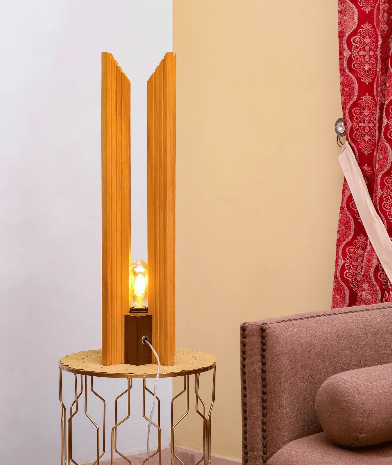 Nureyaa Architectural Wooden Lamp, 72.5cm tall, teak inlays, LED, handmade decor