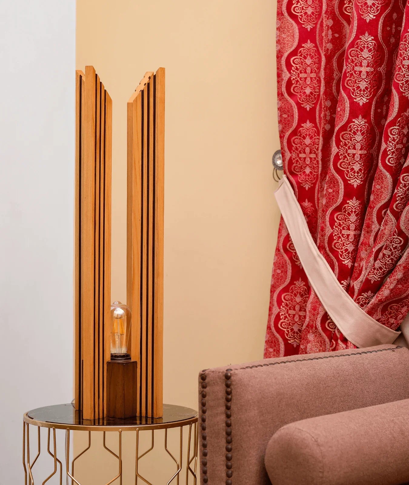 Nureyaa Architectural Wooden Lamp, 72.5cm tall, teak inlays, LED, handmade decor
