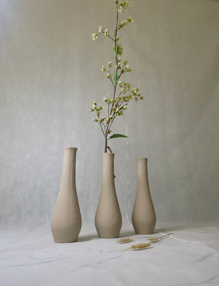 Nureyaa Big Beige Textured Ceramic Vase, 15.5" tall, 4.8" wide, handmade decor