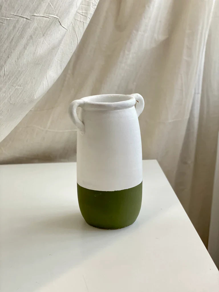 Nureyaa Tranquil White and Olive Ceramic Vase, 10" tall, 7" wide, handmade calming decor