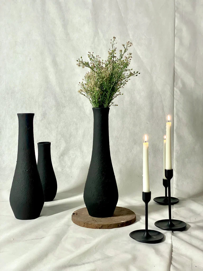 Nureyaa Big Black Textured Ceramic Vase, 15.5" tall, 4.8" wide, handmade decor