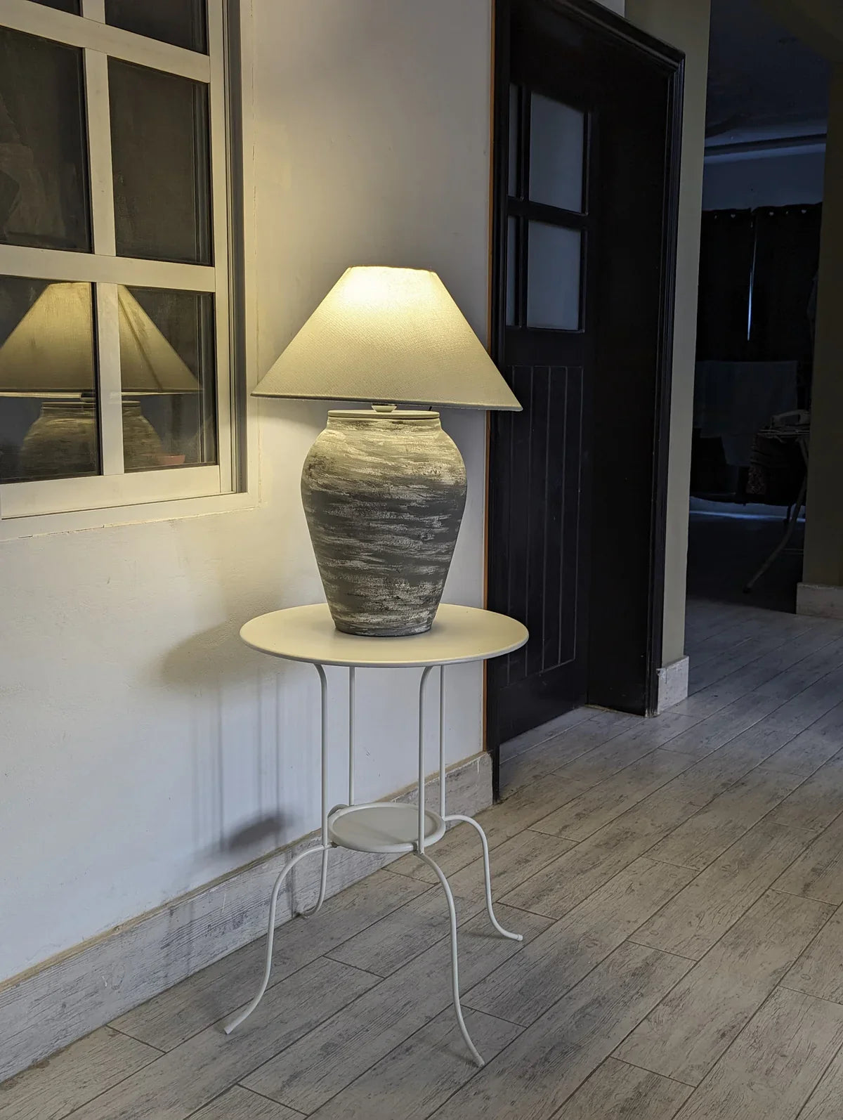 “Slate’ lamp with handcrafted terracotta base in rustic white and grey tones, paired with large neutral shade – 24.8-inch industrial ceramic lighting.”