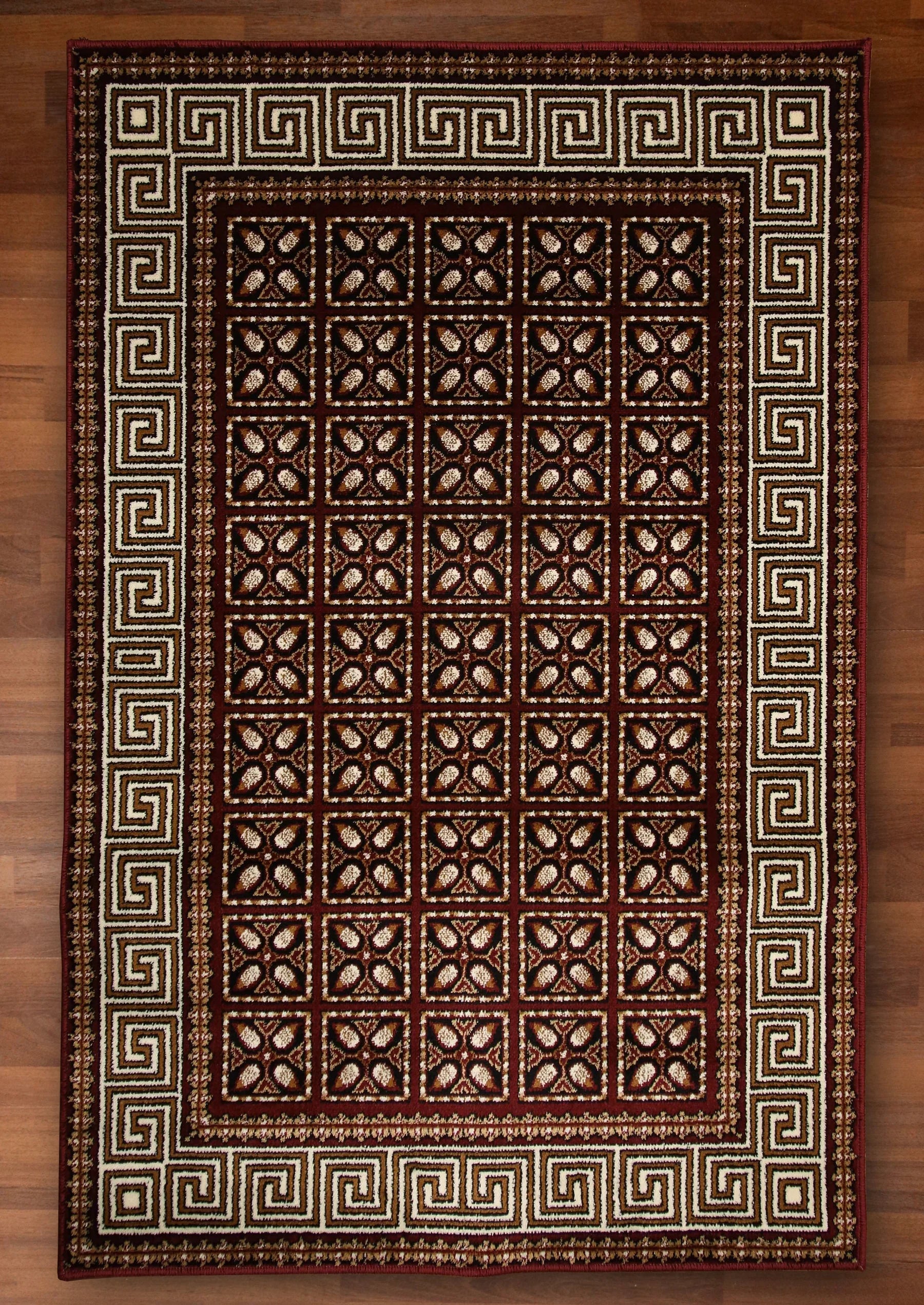 Maroon and beige traditional woven rug with all-over design – soft 10mm pile, jute and polyester backing