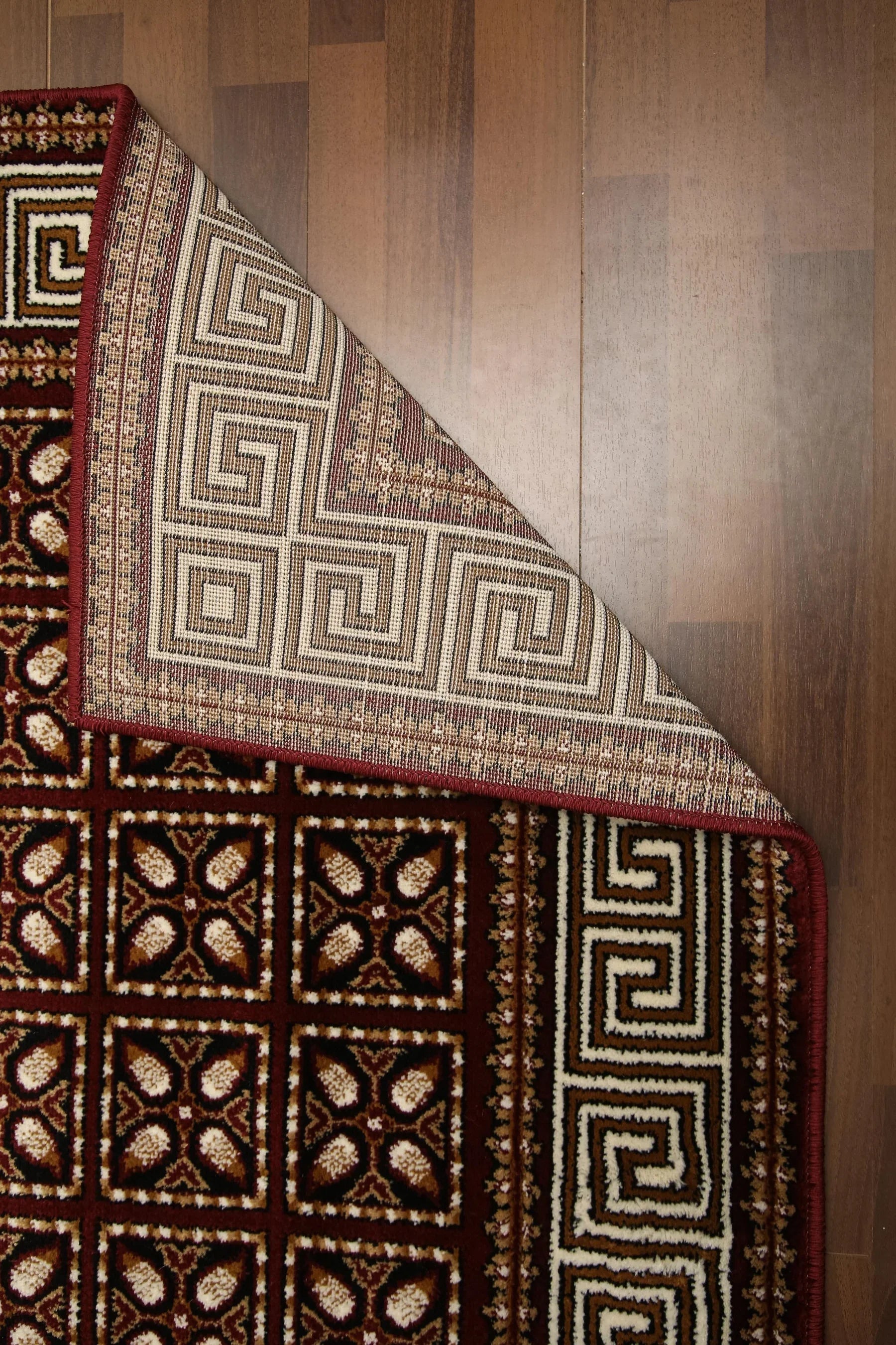 Maroon and beige traditional woven rug with all-over design – soft 10mm pile, jute and polyester backing