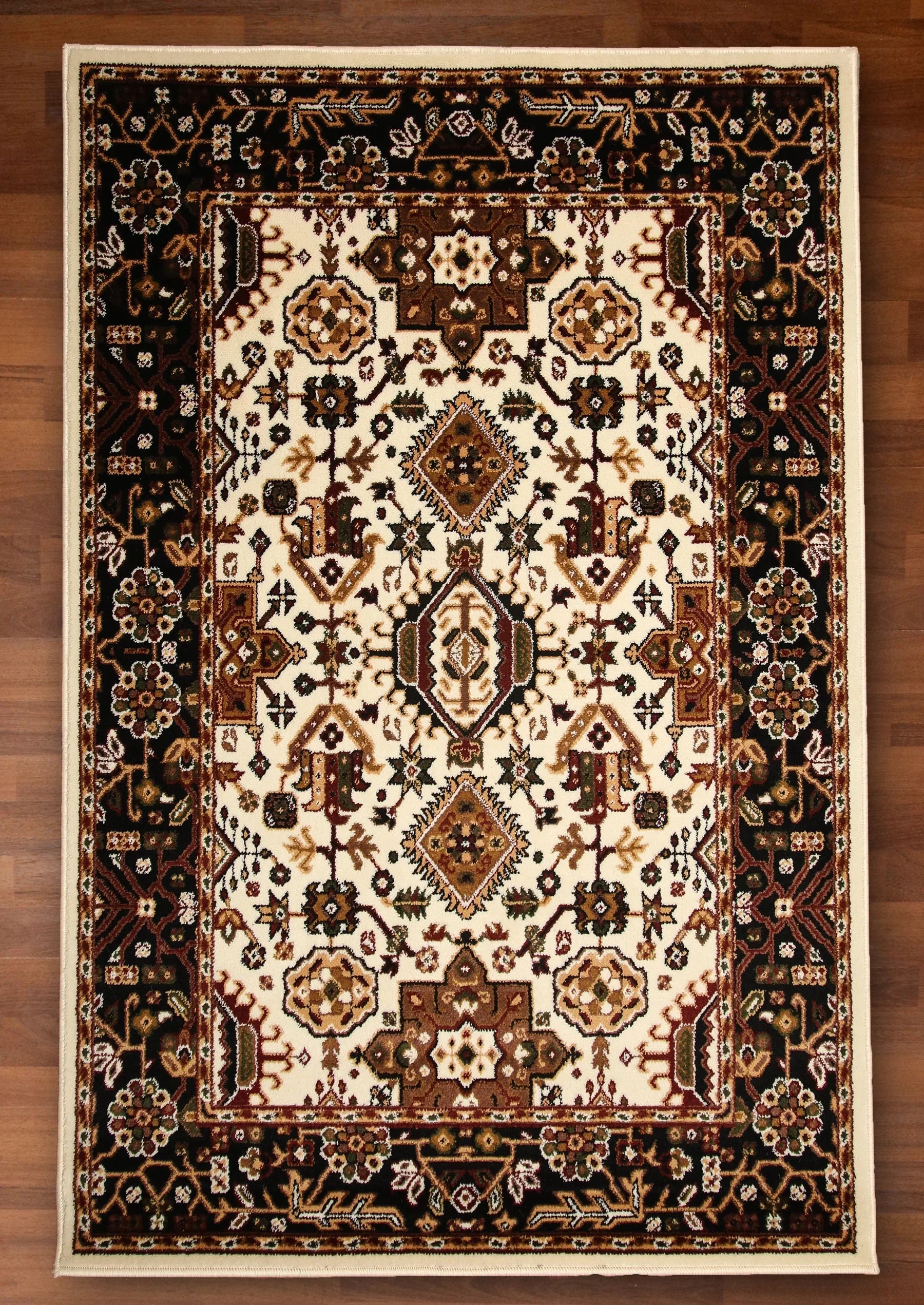 Decorative rug with intricate patterns on a wooden floor