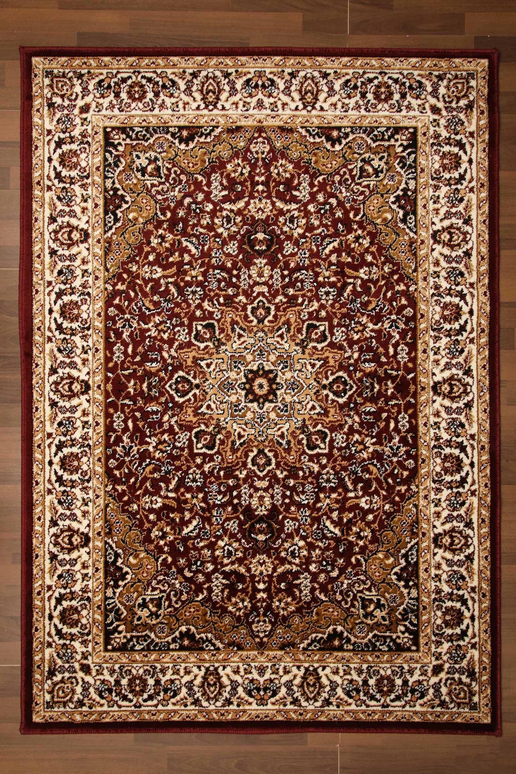 Red and multicolor traditional medallion rug with jute polyester backing – 10mm woven rug