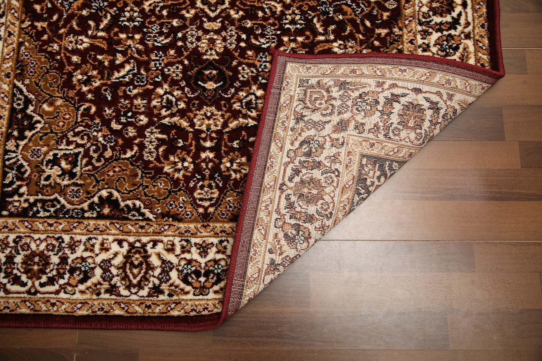 Red and multicolor traditional medallion rug with jute polyester backing – 10mm woven rug