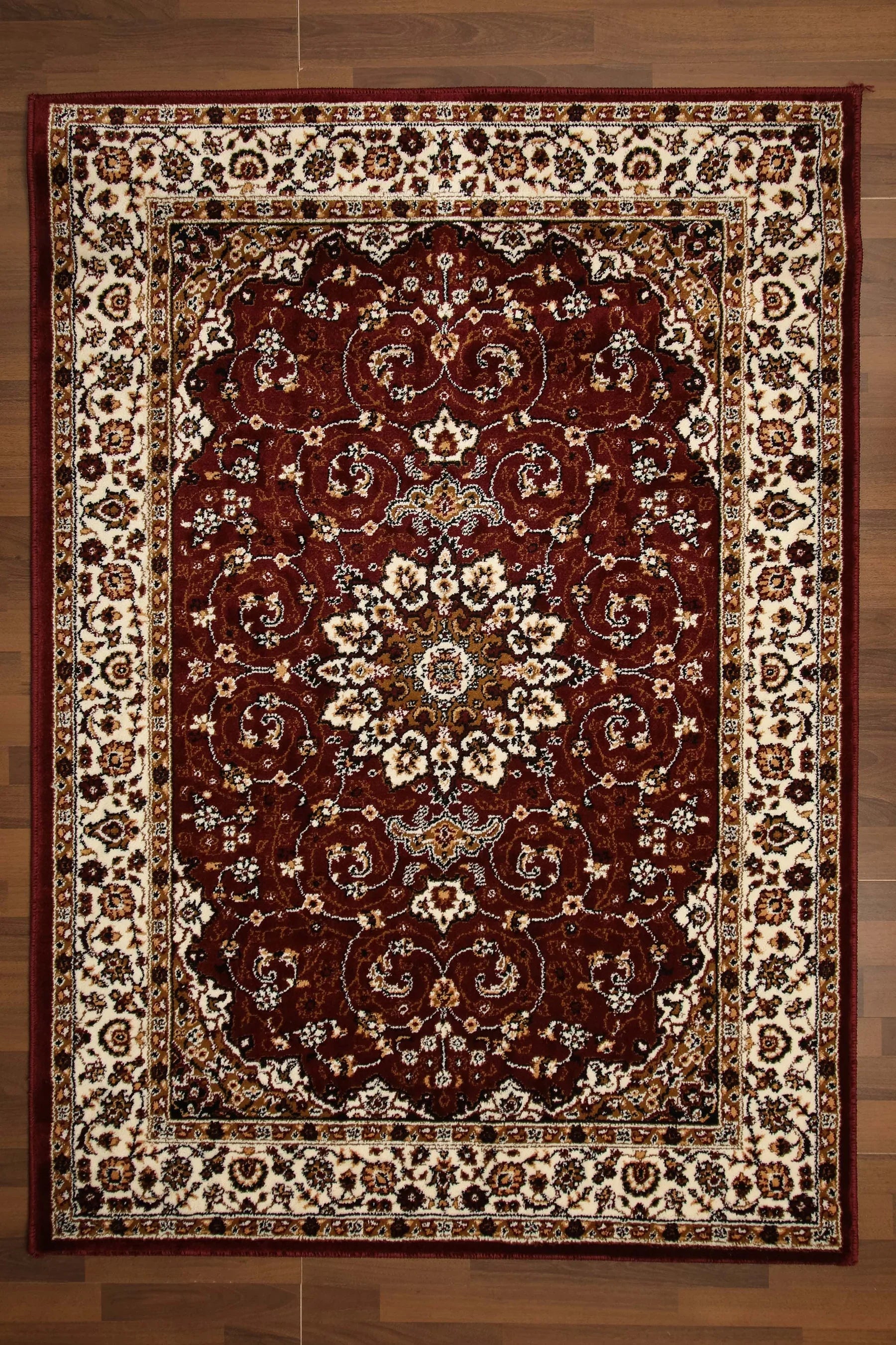 Beige and maroon floral printed woven rug – 10mm pile with jute and polyester backing