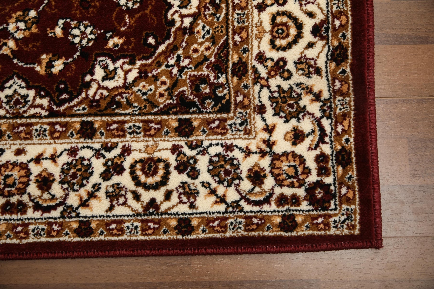 Beige and maroon floral printed woven rug – 10mm pile with jute and polyester backing