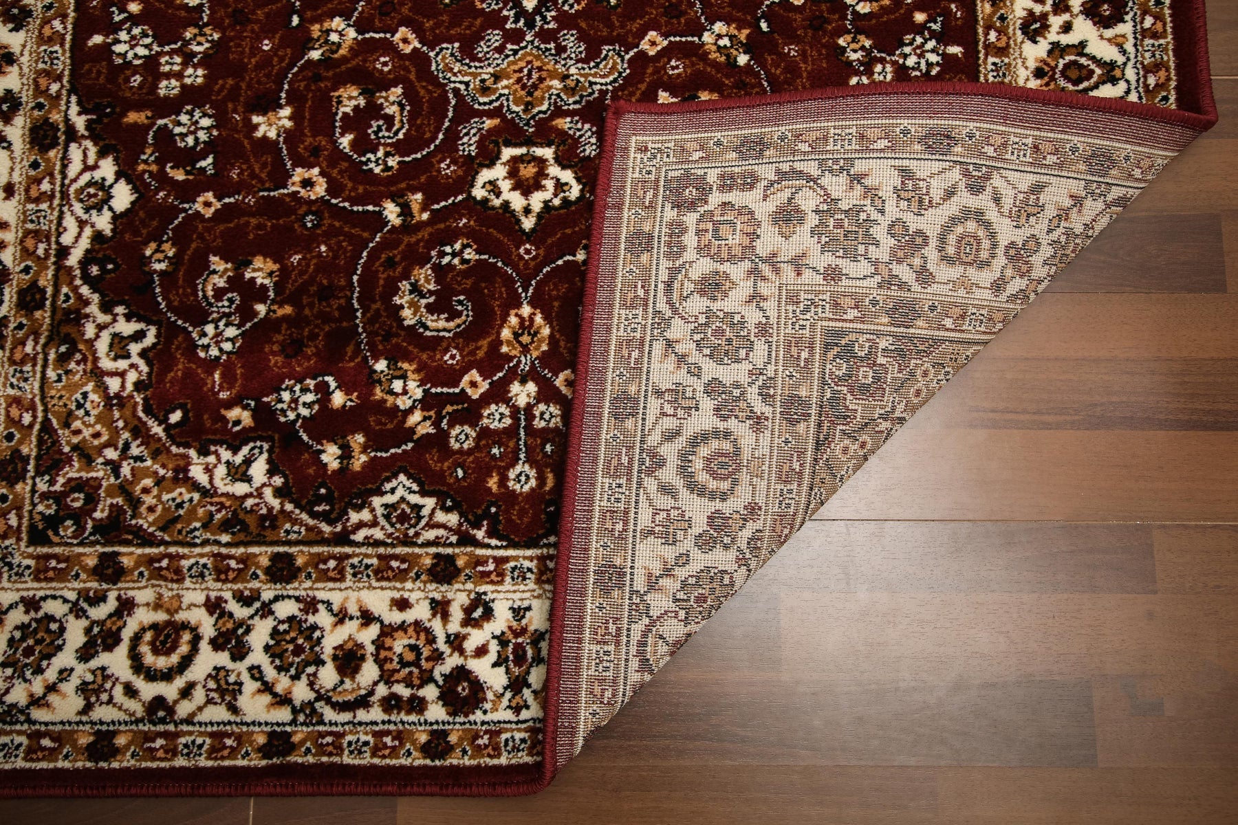 Beige and maroon floral printed woven rug – 10mm pile with jute and polyester backing