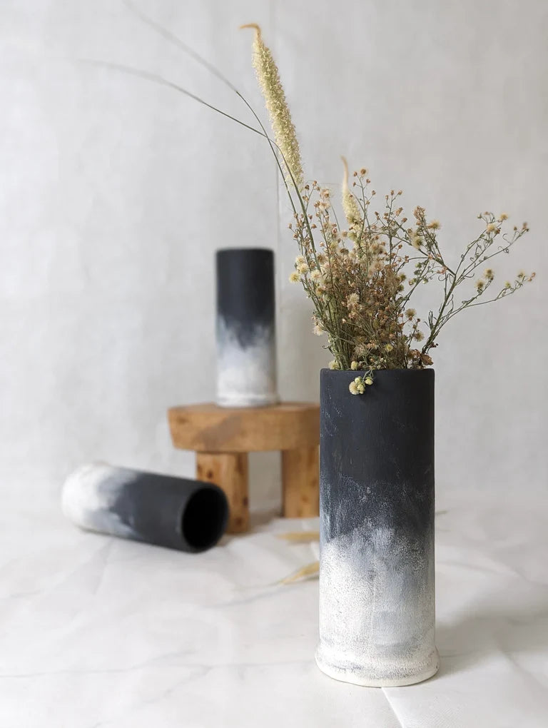 Nureyaa Domino Black and White Ceramic Vase, 9.8" tall, 3.5" wide, handmade modern decor