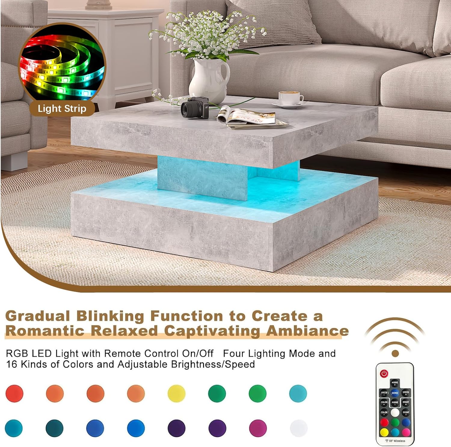 Wrought Studio Gray Coffee Table with Storage & 20-Color RGB LED Light