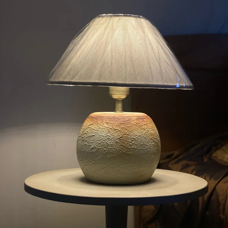 “Mini caramel popcorn textured terracotta lamp with handmade ceramic base and neutral shade – 14.5-inch artisan lighting for compact spaces.”