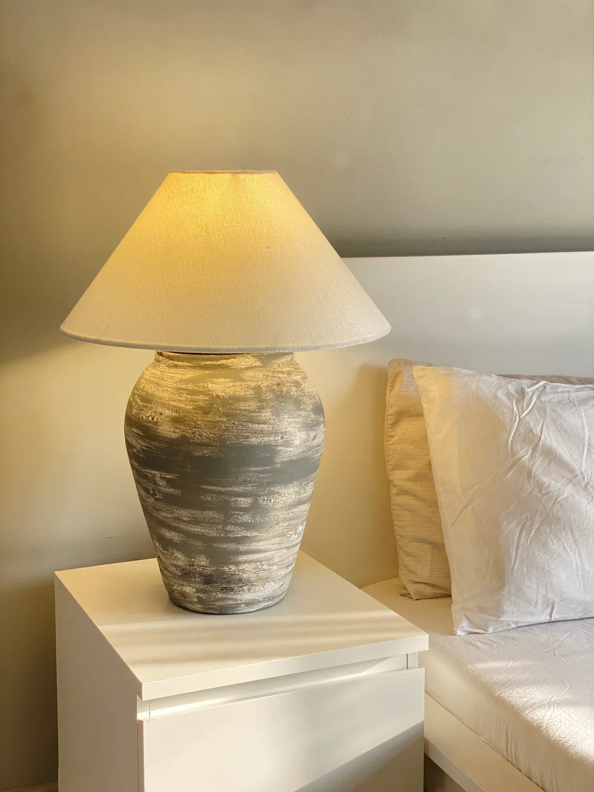 “Slate’ lamp with handcrafted terracotta base in rustic white and grey tones, paired with large neutral shade – 24.8-inch industrial ceramic lighting.”