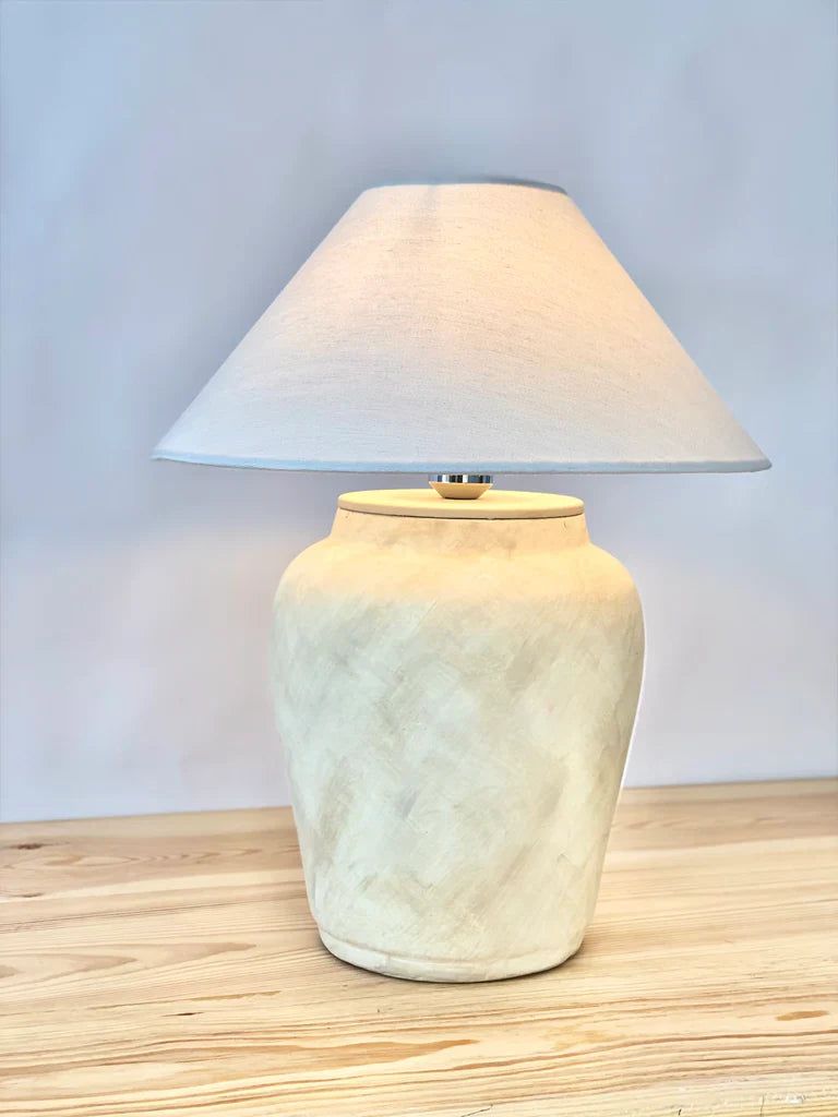 “Cashew Lite lamp with handcrafted terracotta base in beige and white lime wash finish, paired with wide neutral shade – 21.6-inch ceramic lighting.”