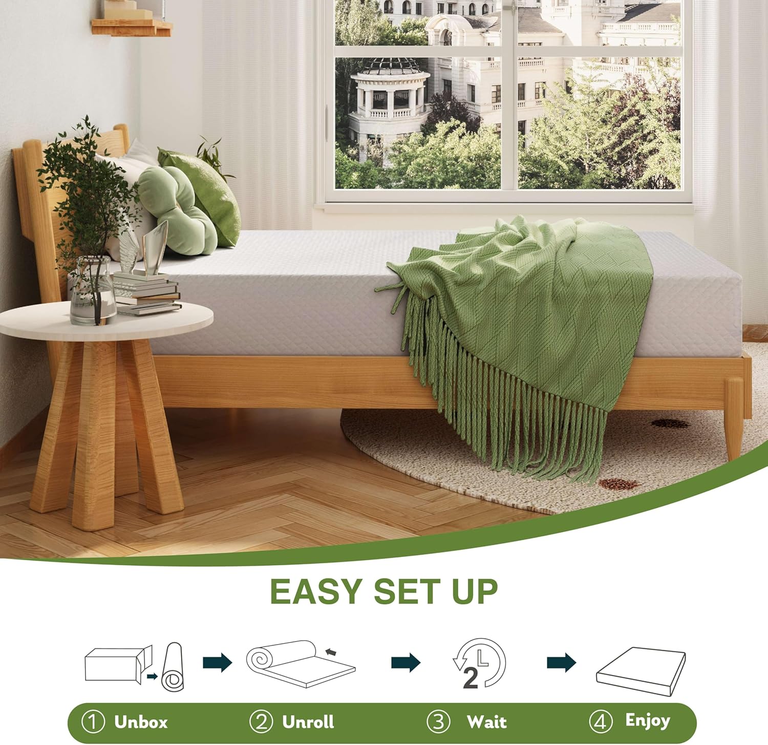 Bedroom with a wooden bed, green bedding, and decorative elements.