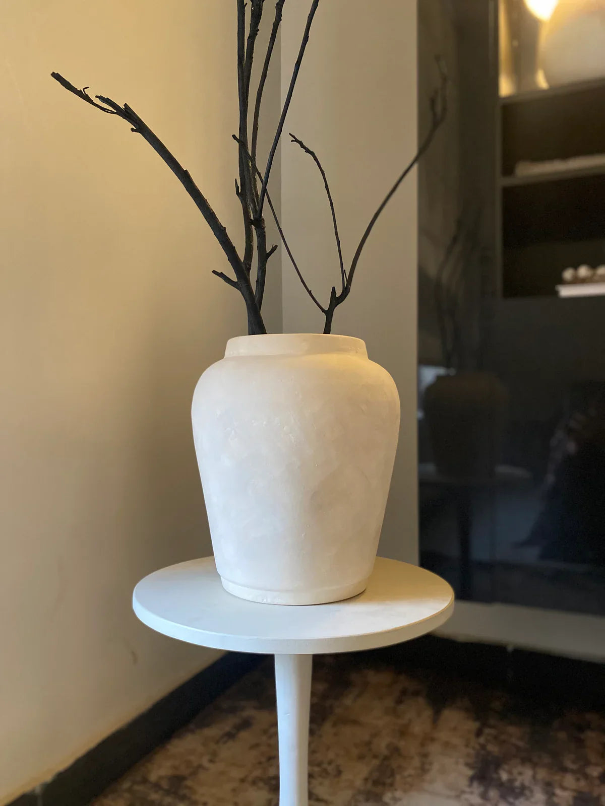 “Handcrafted terracotta cashew-shaped vase with lime wash finish in light beige, 12-inch modern ceramic decor for timeless home styling.”