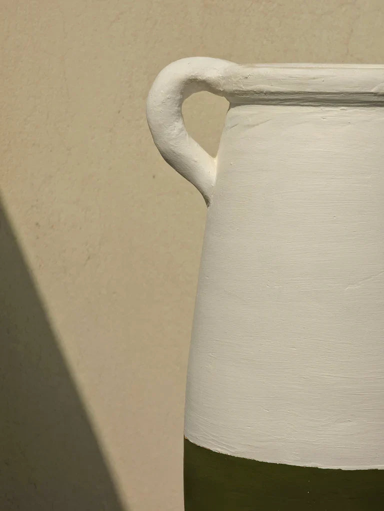 Nureyaa Tranquil White and Olive Ceramic Vase, 10" tall, 7" wide, handmade calming decor