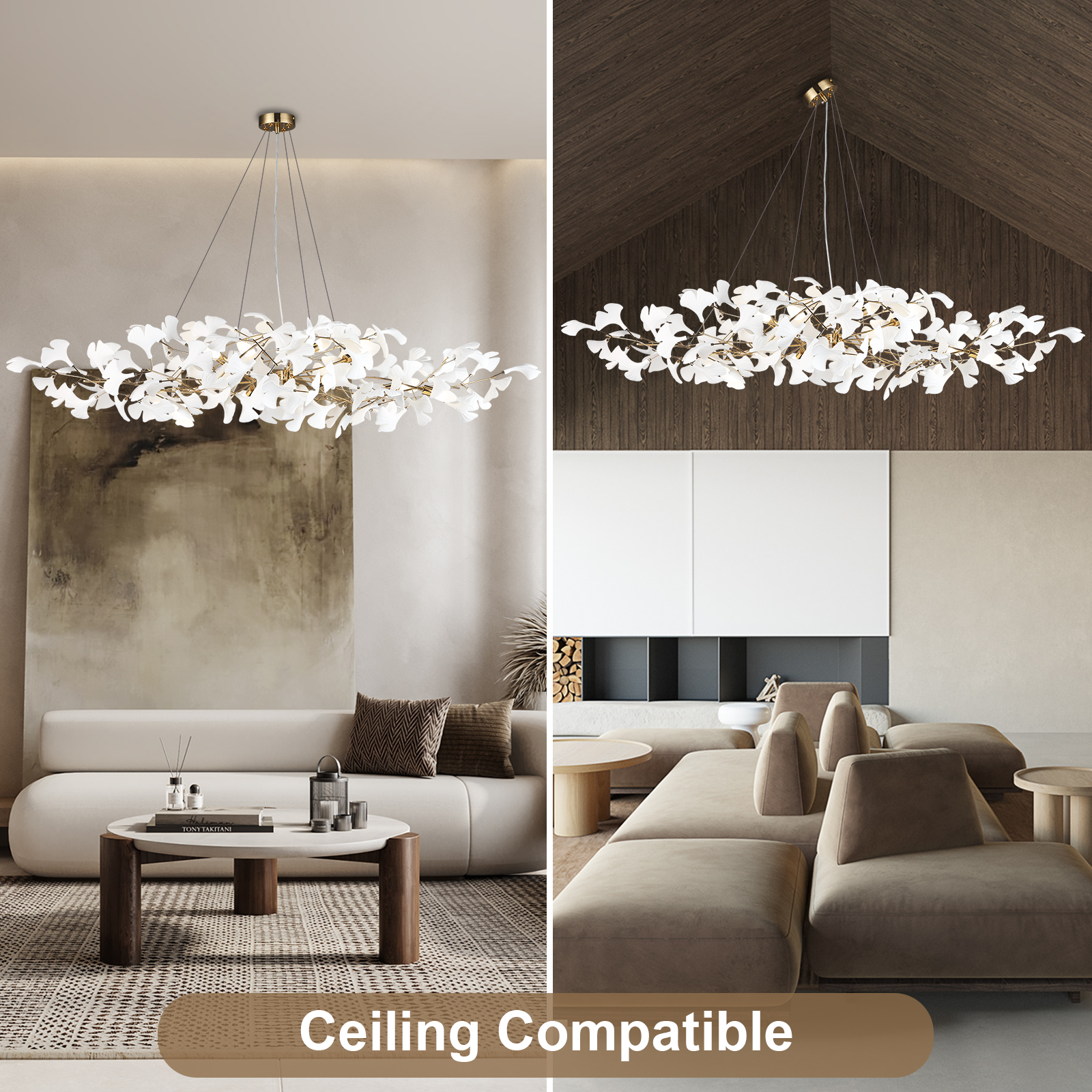 Modern chandelier in a living room setting with 'Ceiling Compatible' text.