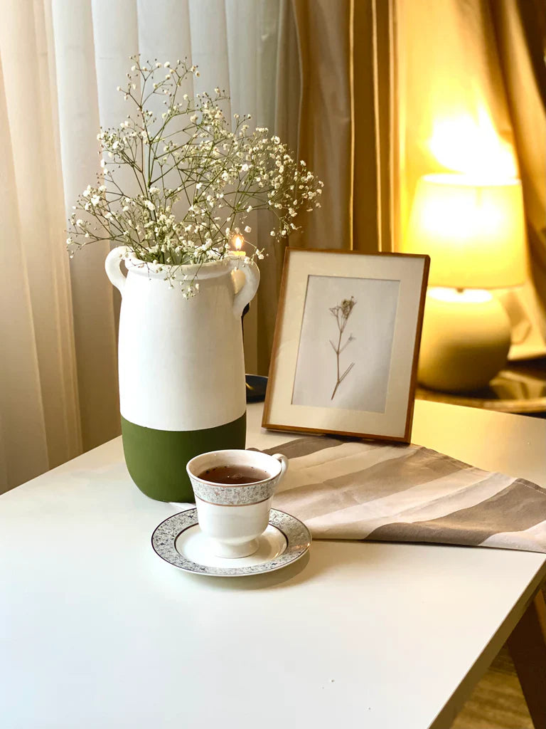 Nureyaa Tranquil White and Olive Ceramic Vase, 10" tall, 7" wide, handmade calming decor