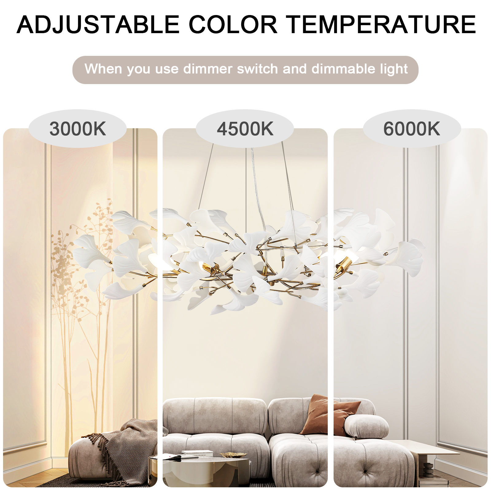 Chandelier in a living room with adjustable color temperature labels on a beige wall.