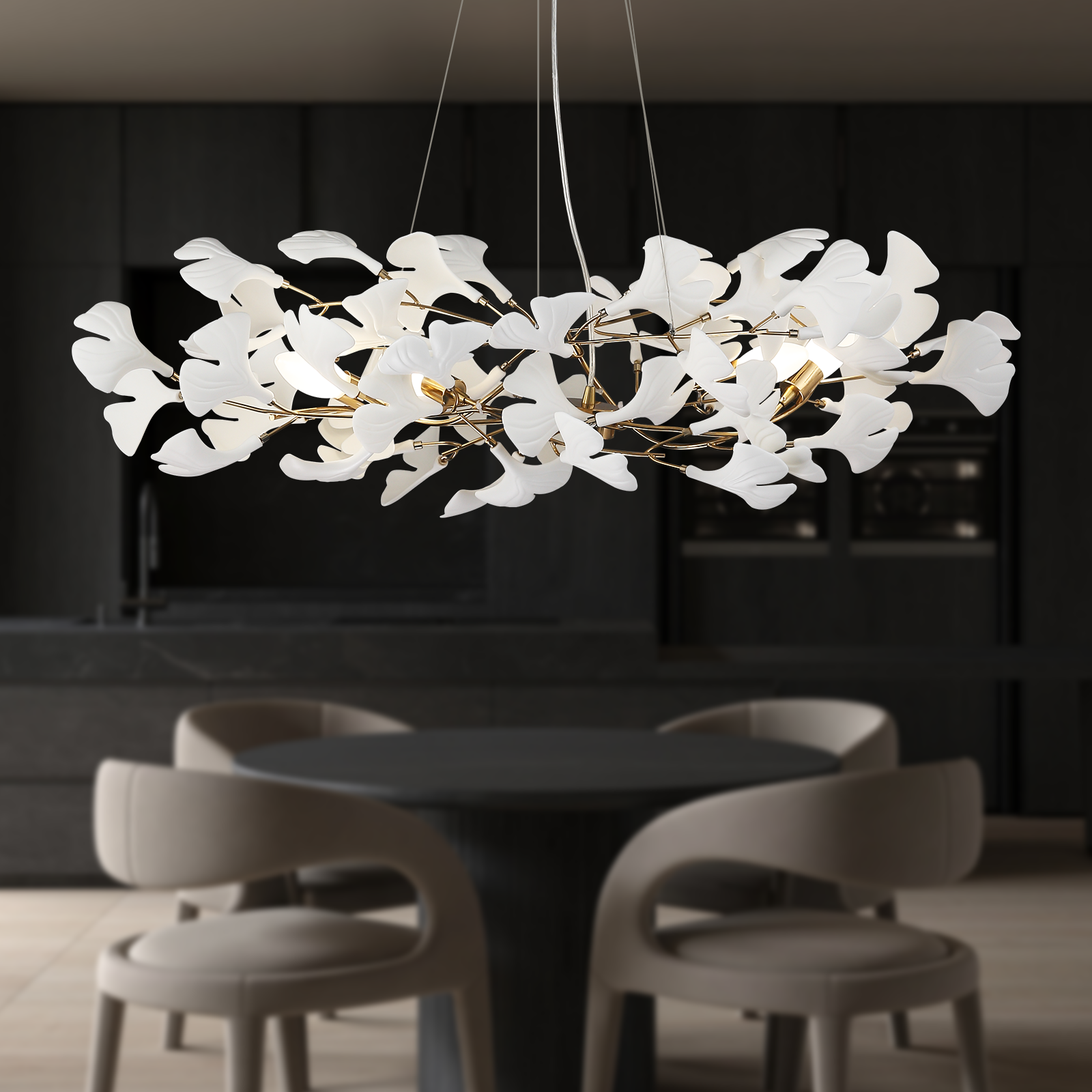 Modern chandelier with white floral design in a dining room setting.