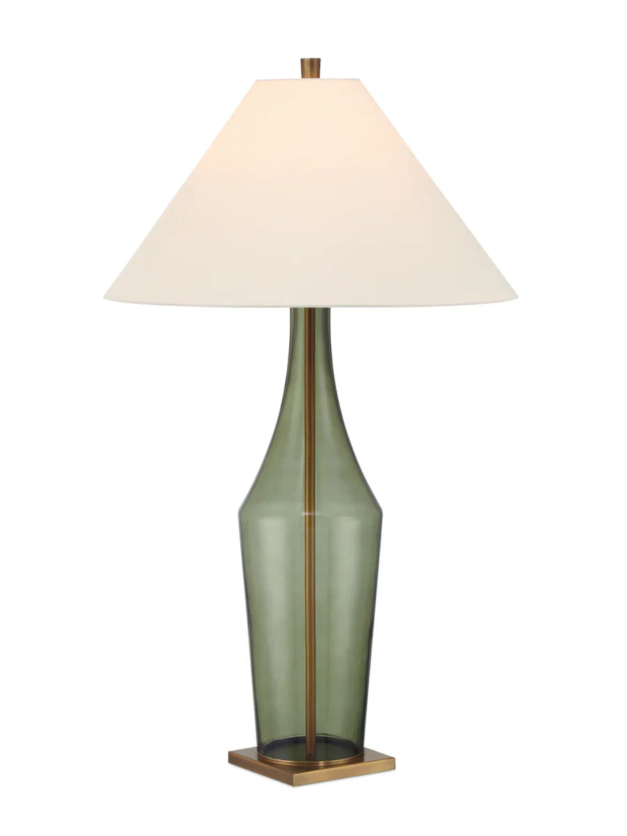 “Antique Olive Green Table Lamp with transparent bottle-shaped glass base and antique brass hardware – elegant and timeless home lighting”