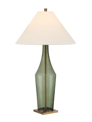 “Antique Olive Green Table Lamp with transparent bottle-shaped glass base and antique brass hardware – elegant and timeless home lighting”