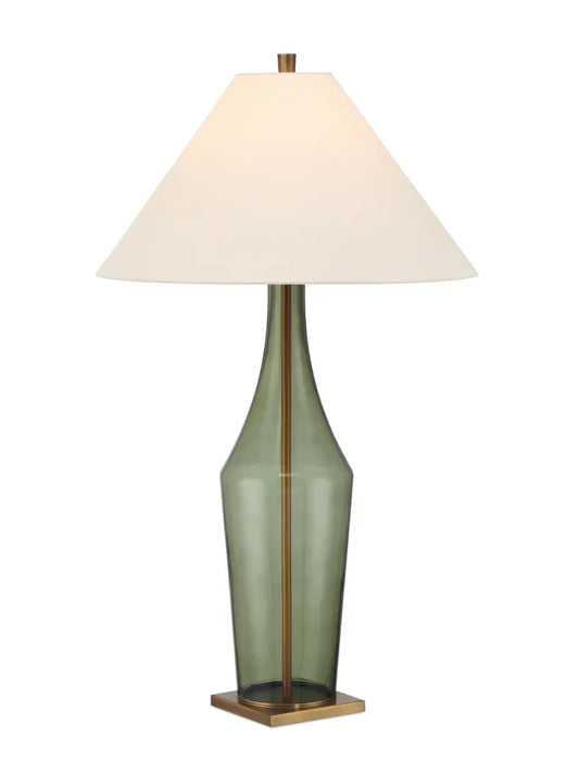 “Antique Olive Green Table Lamp with transparent bottle-shaped glass base and antique brass hardware – elegant and timeless home lighting”