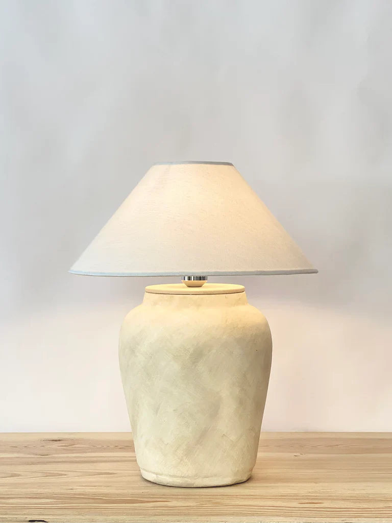 “Cashew Lite lamp with handcrafted terracotta base in beige and white lime wash finish, paired with wide neutral shade – 21.6-inch ceramic lighting.”