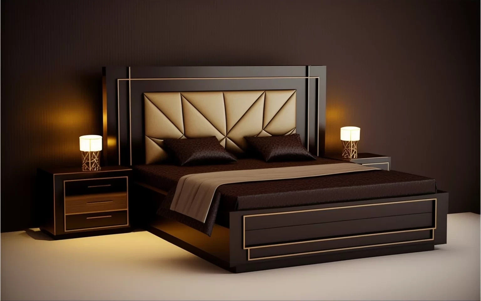 Luxury bedroom set with a bed, headboard, and nightstands in a dimly lit room.