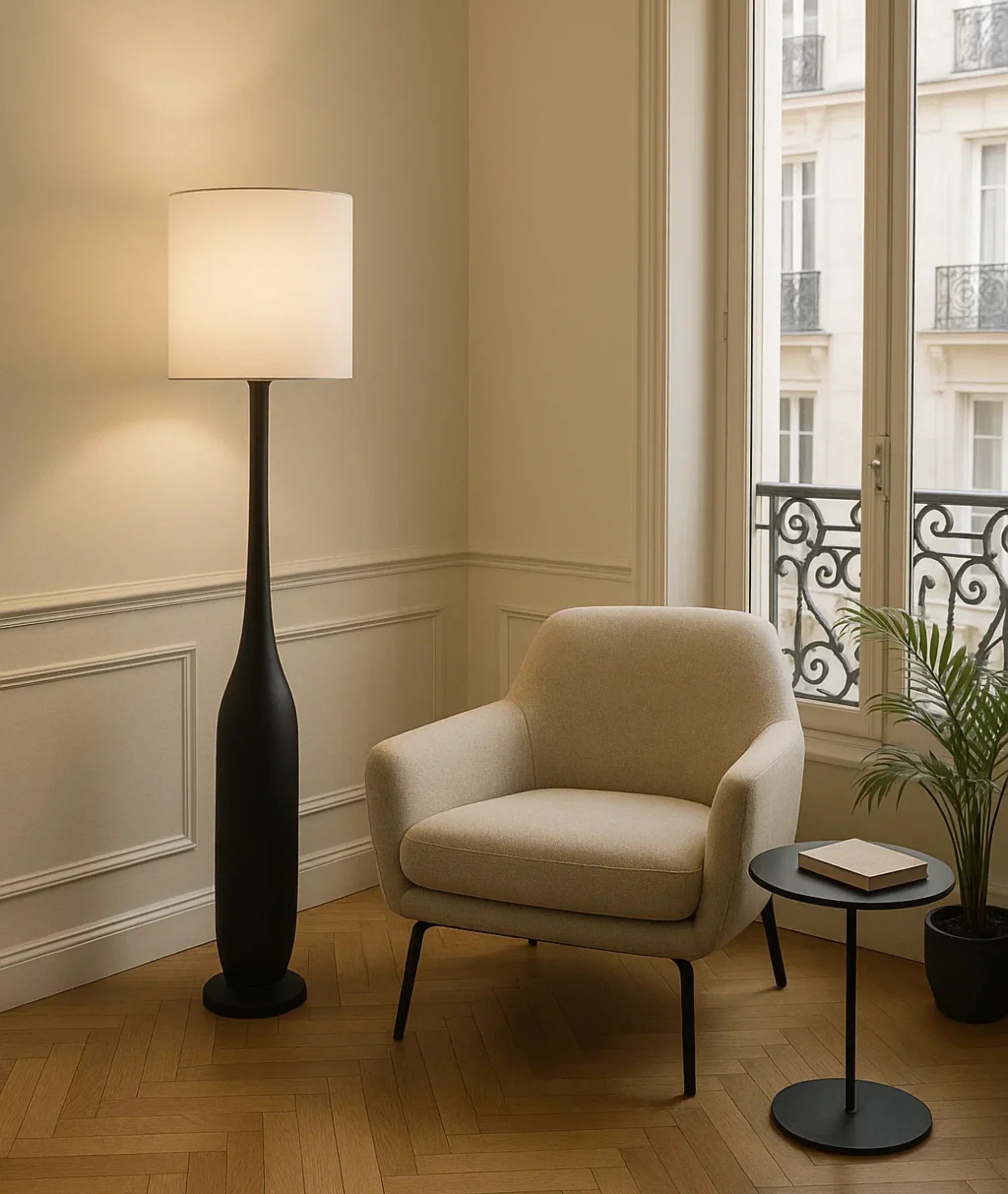 Nureyaa Briar Floor Lamp, 63" tall, 6" wood base, linen shade, handmade decor Black